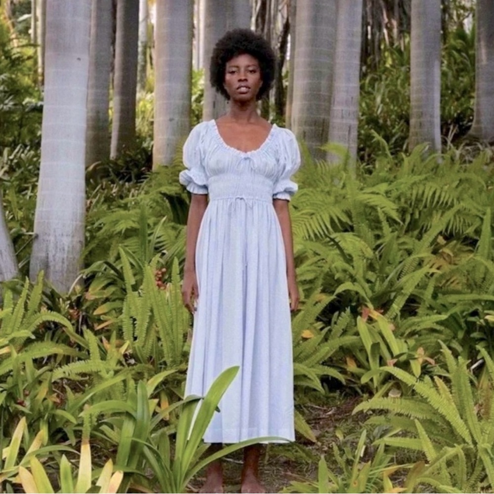Light Blue Midi Dress with Puff Sleeves - Women